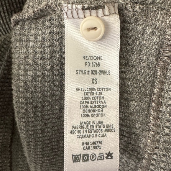 RE/DONE X HANES LONG SLEEVE WAFFLE KNIT THERMAL HENLEY GRAY SIZE XS - Picture 4 of 5